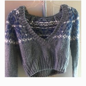 Arizona Jean Company Gray Knit Deep V Neck Sweater Crop Top Gray Navy XL Blouse